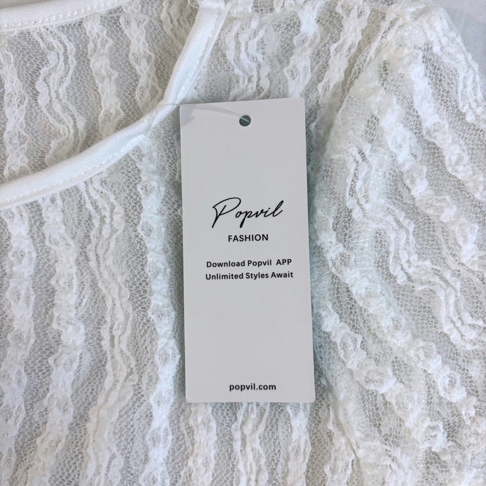 Popvil White Lace Ruched Swim Cover Up Top Short Sleeve Sheer Floral Small New - Picture 10 of 13